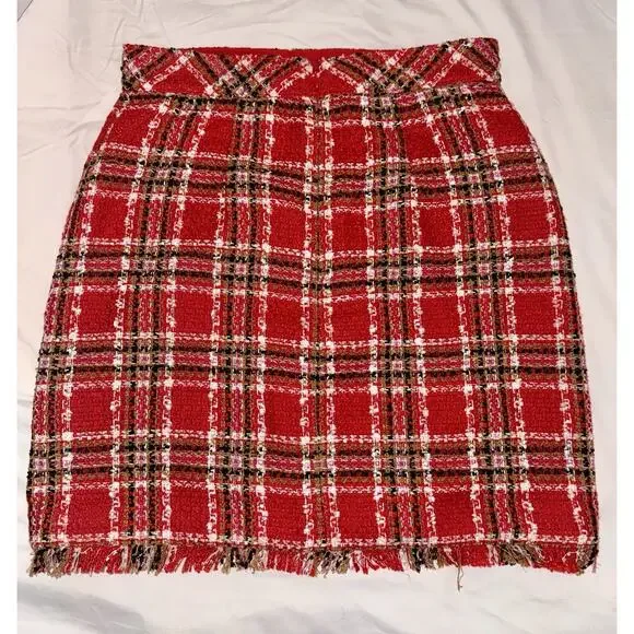 Ann Taylor Plaid Fringe Tweed Skirt Classic Red 578511 Sz 4 Top Of Knee NWOT - Picture 4 of 16